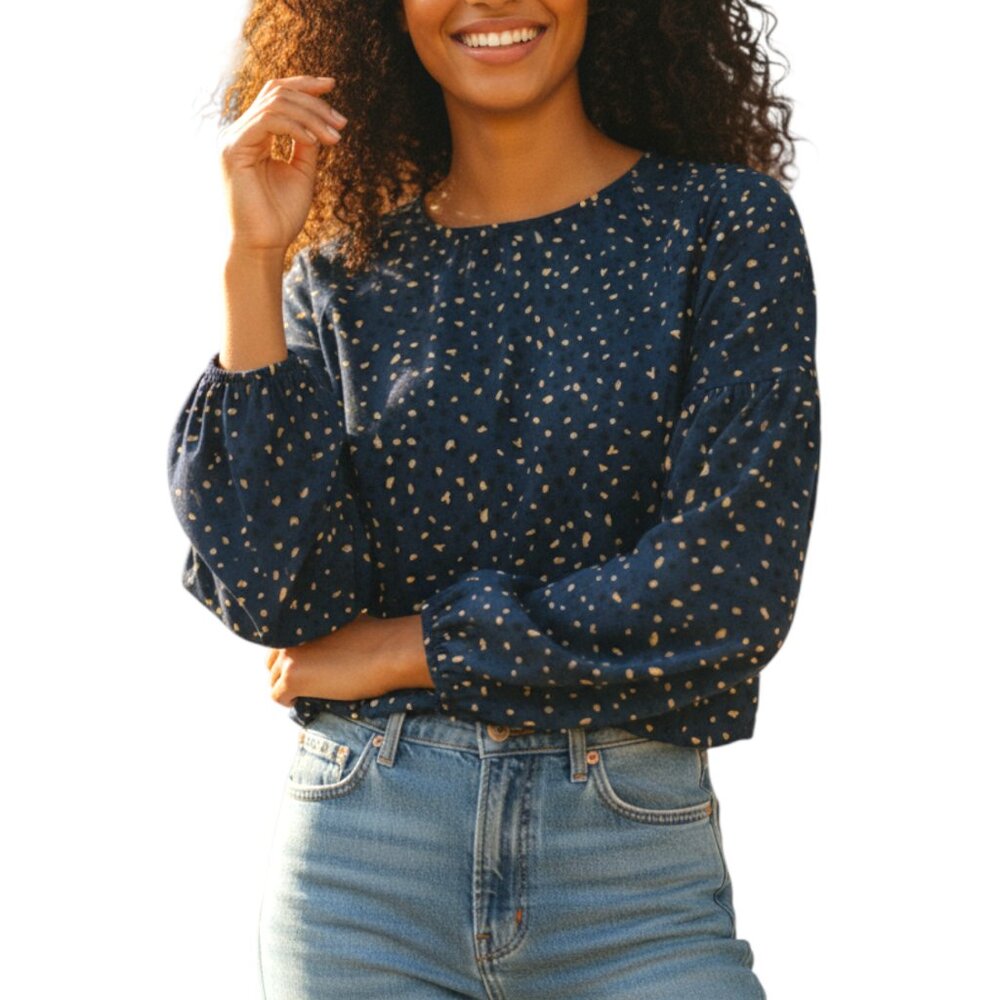 BB Dakota by Steve Madden Blue Leopard Print Blouse Small Long Sleeve